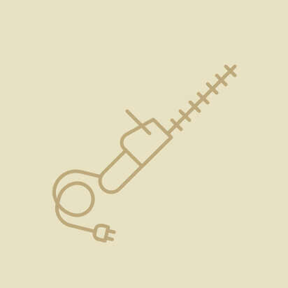 Icon eines elektrischen Gartengeräts in minimalistischer Darstellung auf hellem Hintergrund.